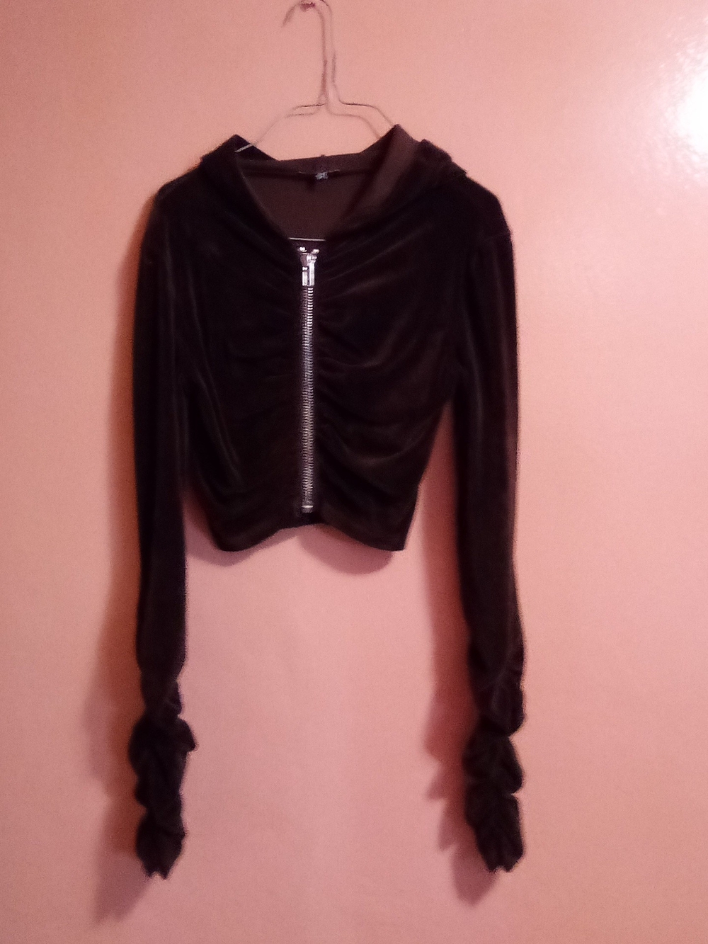 Fashion Nova Brown Velvet Ruched Hooded Zip Crop ( Bag H )